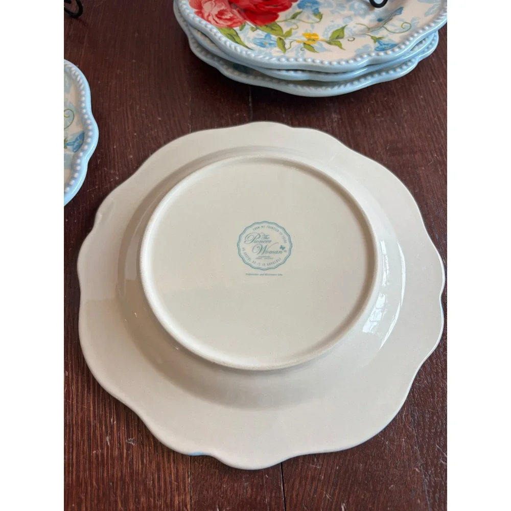 Pioneer Woman Breezy Blossom Salad Plates Set 7 Scalloped Floral Stoneware 8.5